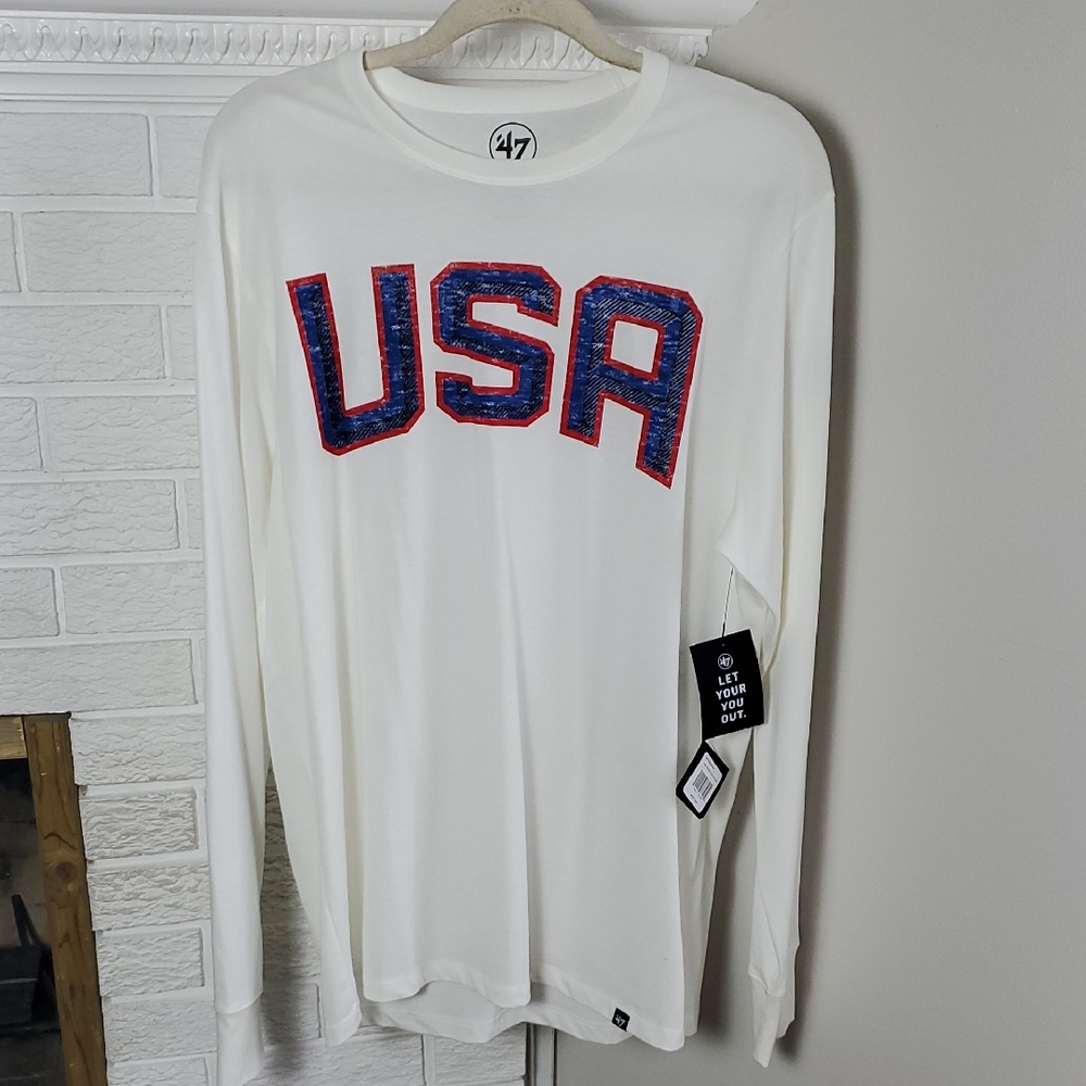 NWT 47 NHL Men's White Long Sleeve Face OFF USA Long Sleeve Cotton Tee Sz L